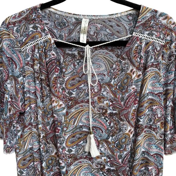 PerSeption Concept V Neck Paisley Tassel Boho Short Flutter Sleeve Flowy Blouse - Picture 7 of 8